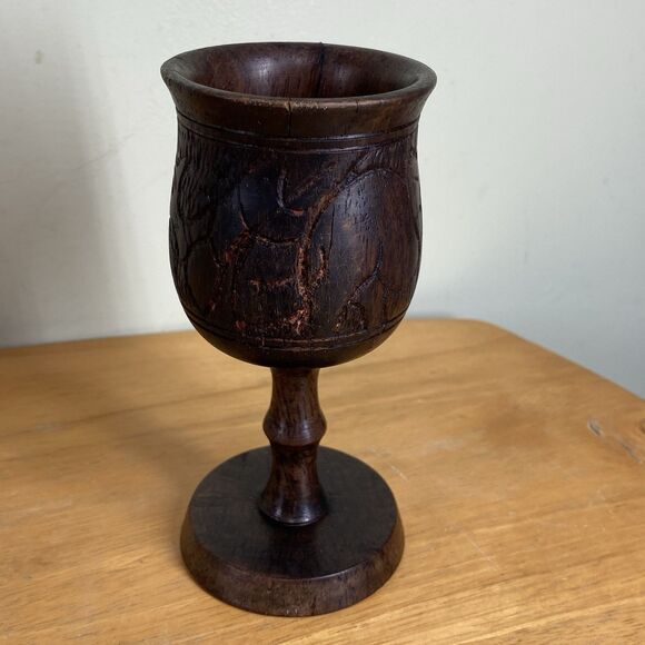 Vintage 6" African Hand-Carved Rhino And Elephant Wood Wine Drinking Cup Goblet - Picture 2 of 15